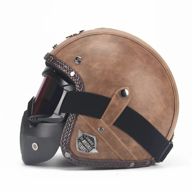 Retro vintage öppen mc-hjälm med mask och glasögon