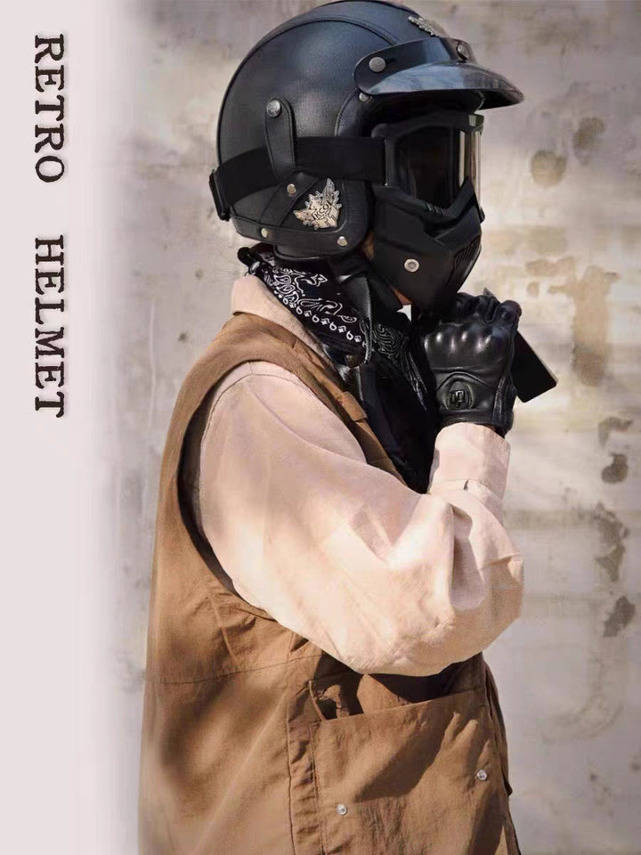 Retro vintage öppen mc-hjälm med mask och glasögon