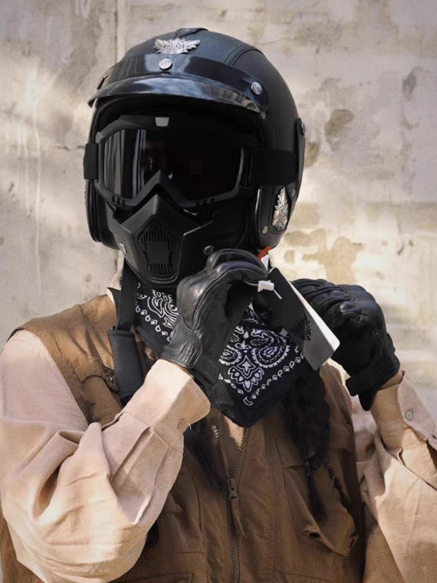 Retro vintage öppen mc-hjälm med mask och glasögon