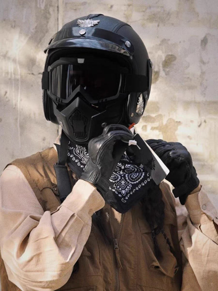 Retro vintage öppen mc-hjälm med mask och glasögon
