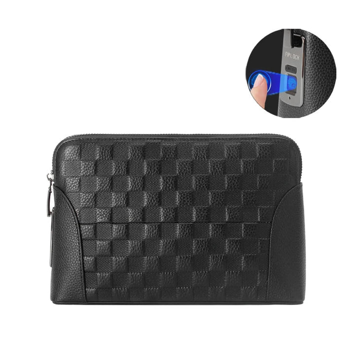 Handväska i läder för herr med fingeravtryckslås – Stöldsäker clutch & plånbok