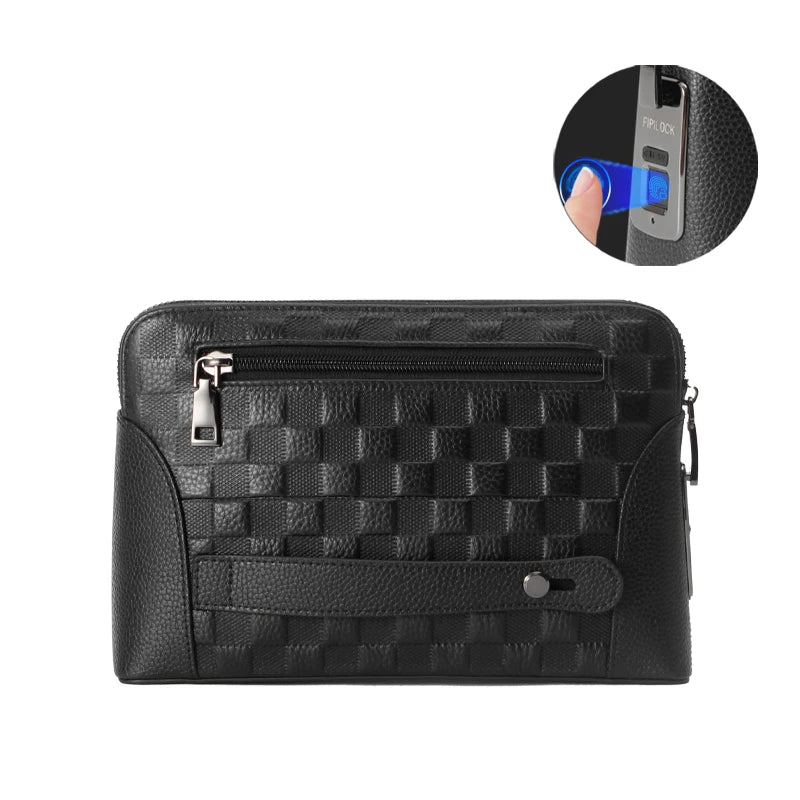Handväska i läder för herr med fingeravtryckslås – Stöldsäker clutch & plånbok
