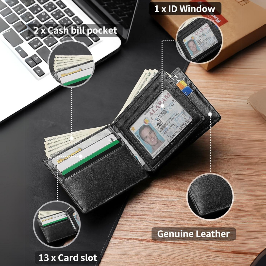 Bifold-plånbok i äkta läder för herr med RFID-skydd