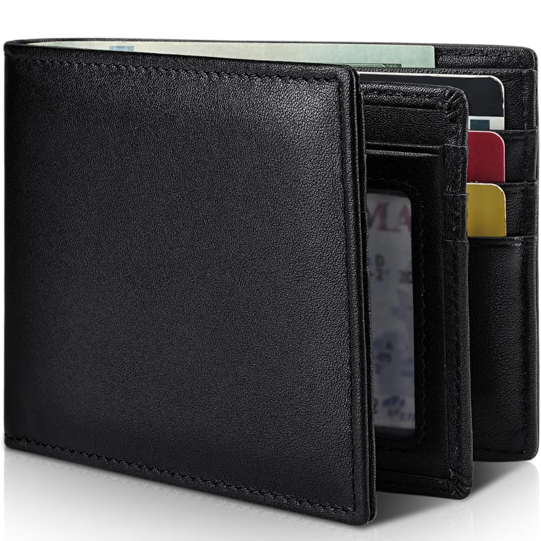 Bifold-plånbok i äkta läder för herr med RFID-skydd