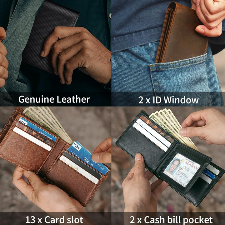 Bifold-plånbok i äkta läder för herr med RFID-skydd
