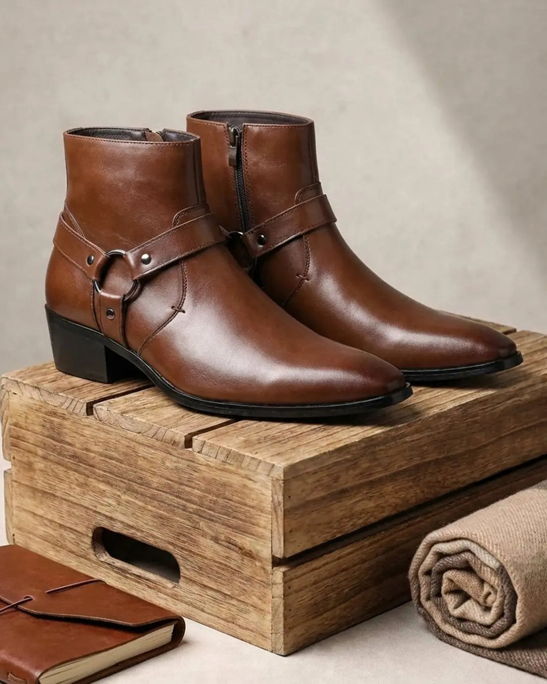 Ankelboots herr i läder med remmar och spetsig tå