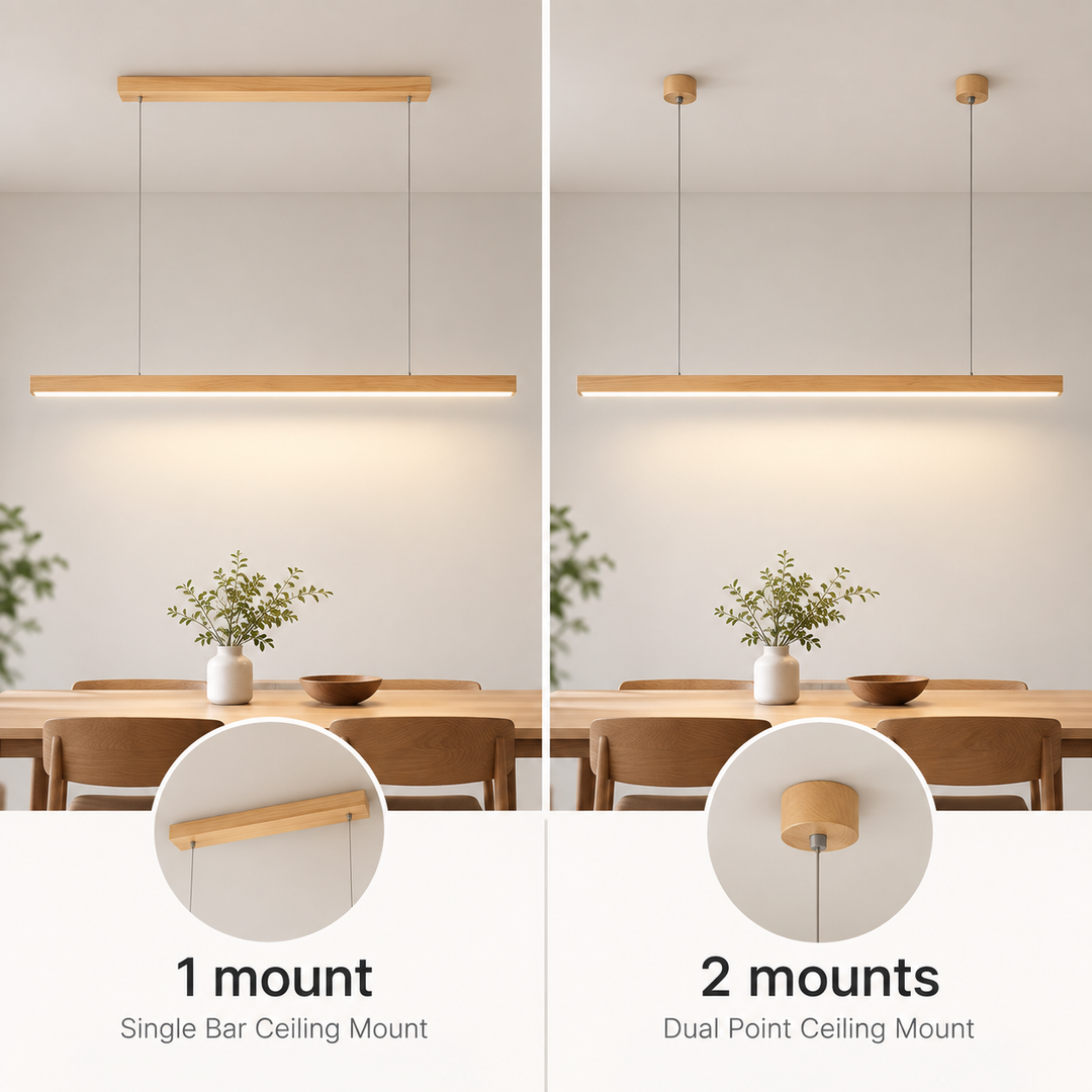 LED-taklampa i trä med smal balk – Linjär design