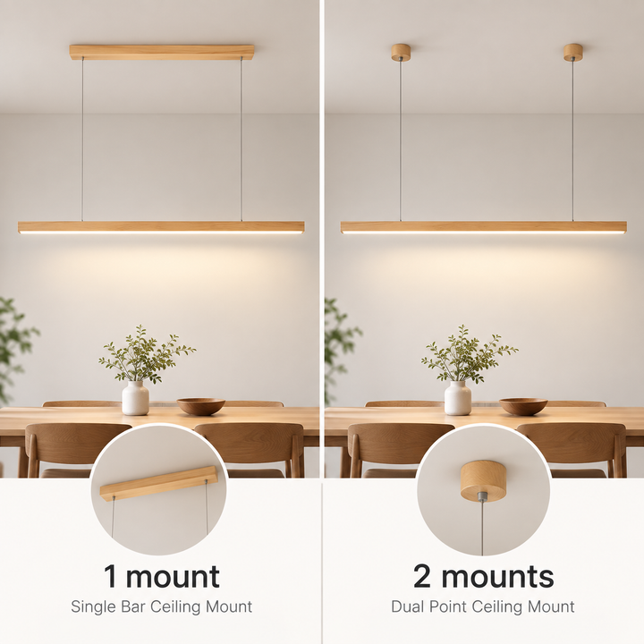 LED-taklampa i trä med smal balk – Linjär design