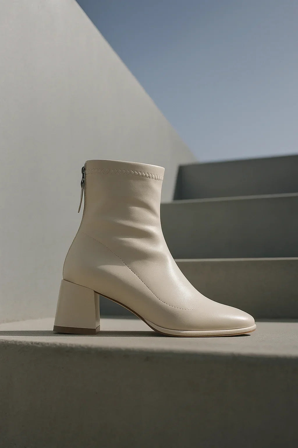 Ankelboots dam i läder med blockklack och fyrkantig tå
