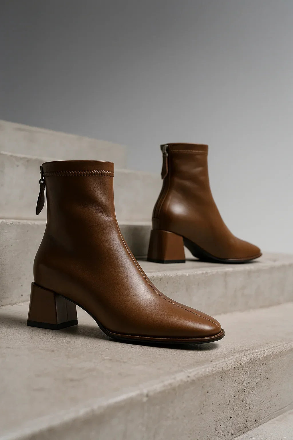 Ankelboots dam i läder med blockklack och fyrkantig tå