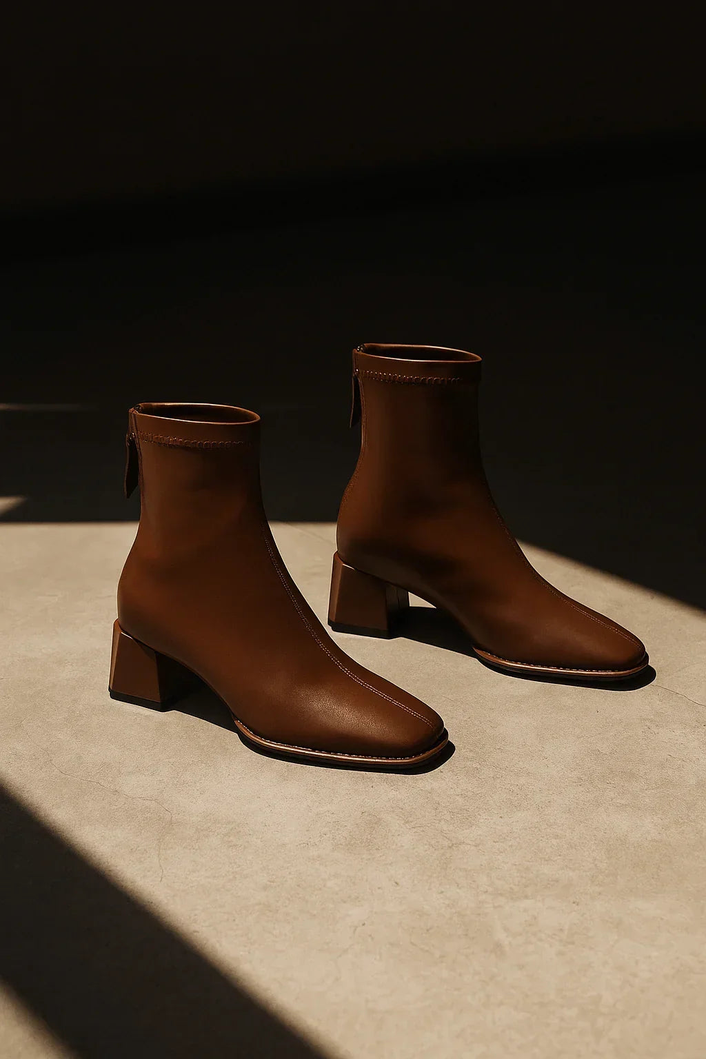 Ankelboots dam i läder med blockklack och fyrkantig tå