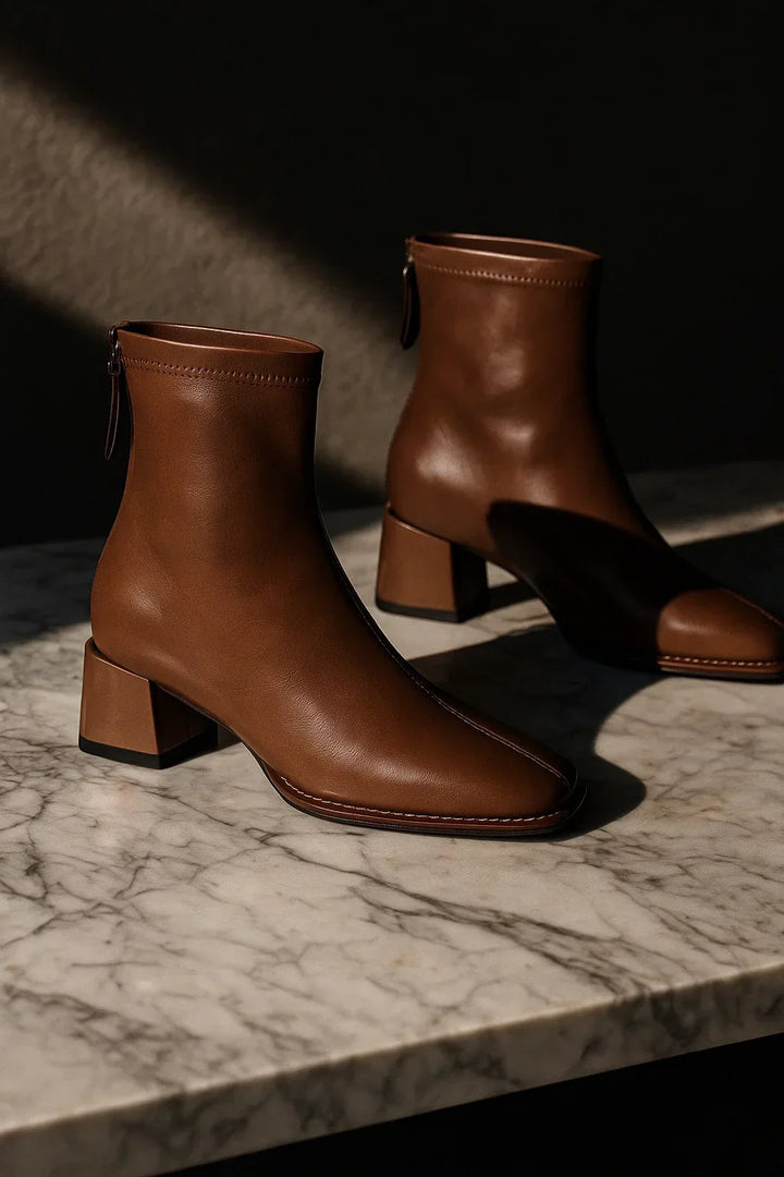 Ankelboots dam i läder med blockklack och fyrkantig tå