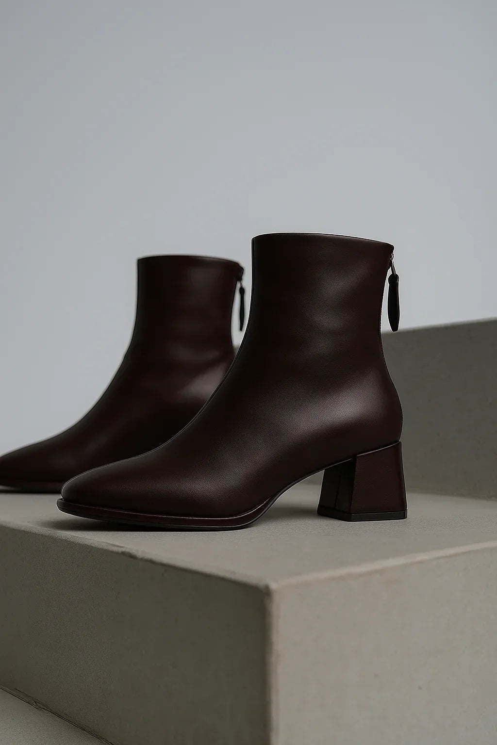 Ankelboots dam i läder med blockklack och fyrkantig tå