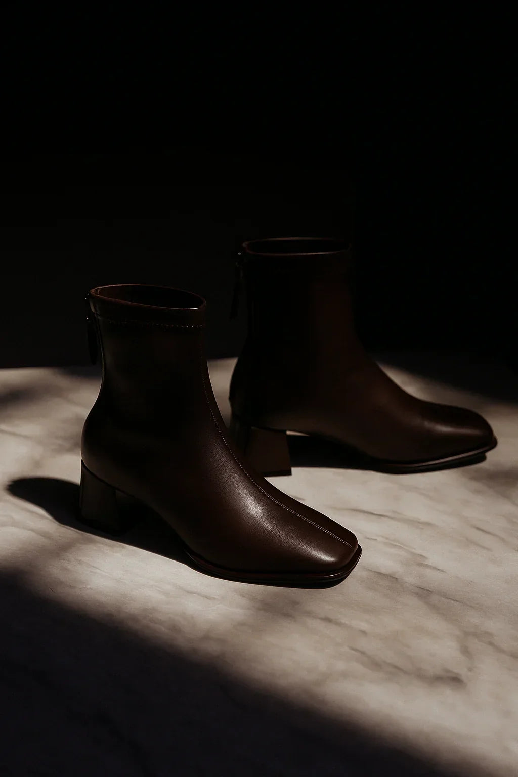 Ankelboots dam i läder med blockklack och fyrkantig tå