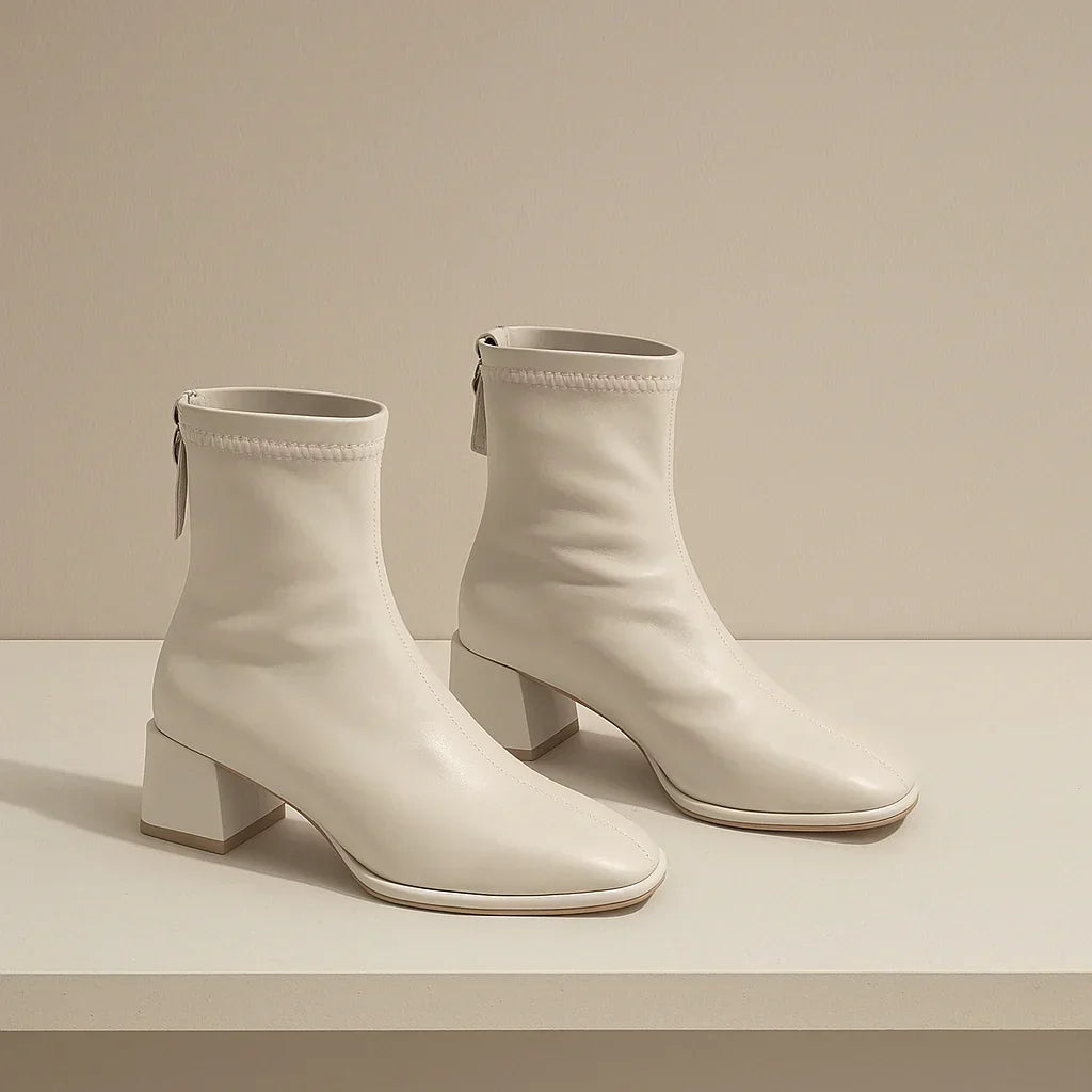 Ankelboots dam i läder med blockklack och fyrkantig tå
