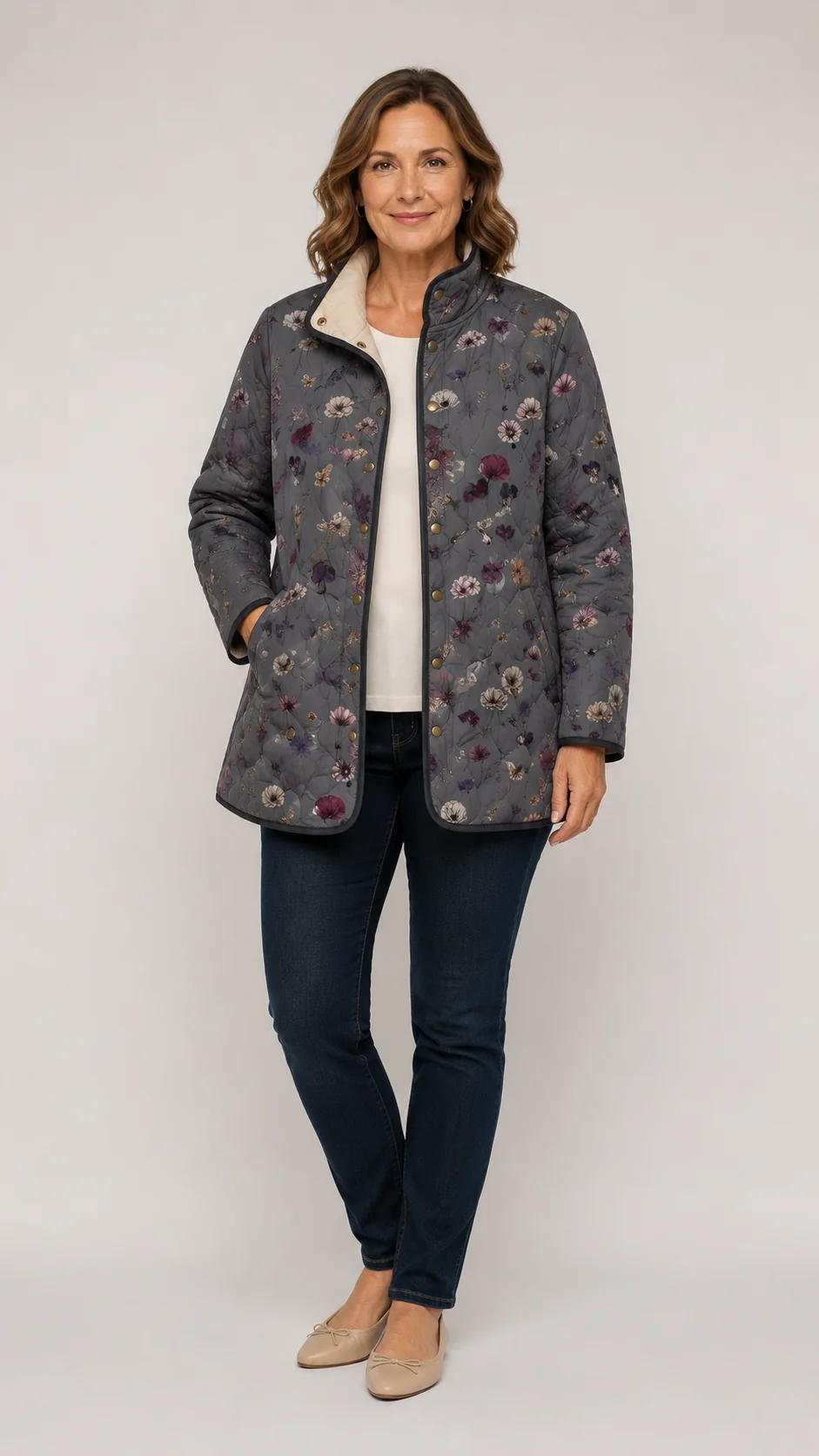 Vintage quiltad jacka med blommönster - lätt vadderad kappa