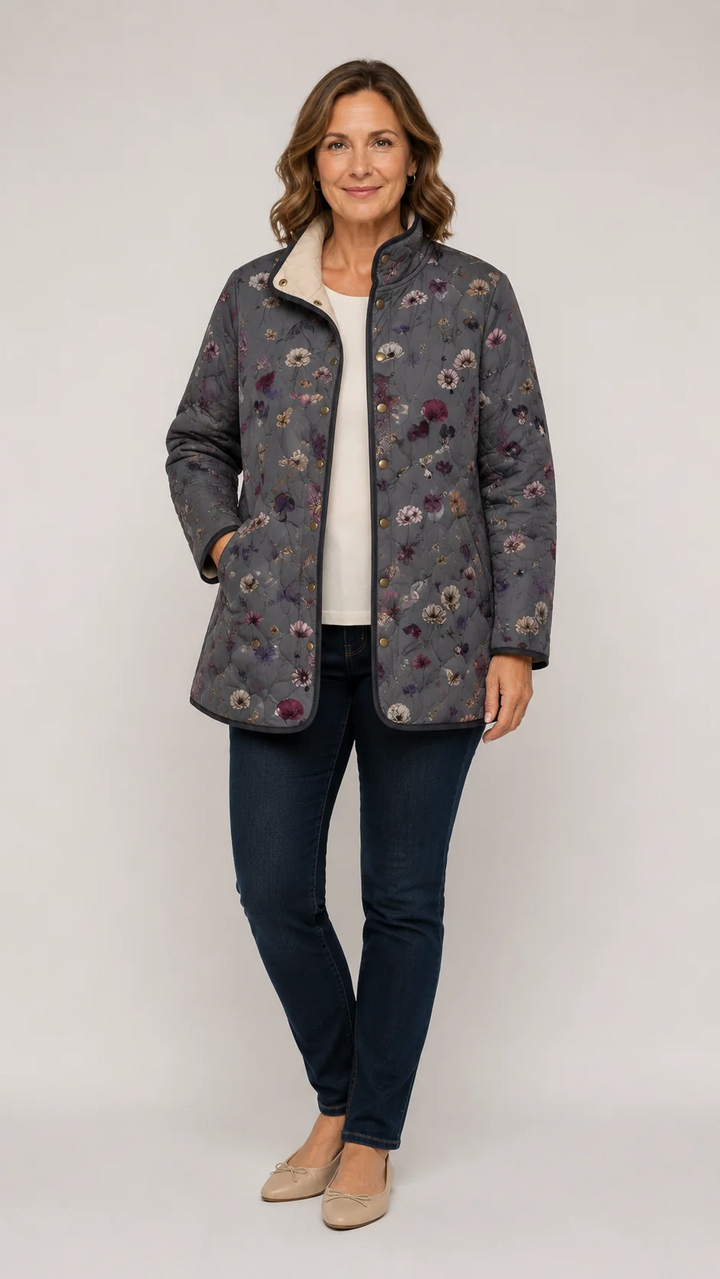 Vintage quiltad jacka med blommönster - lätt vadderad kappa