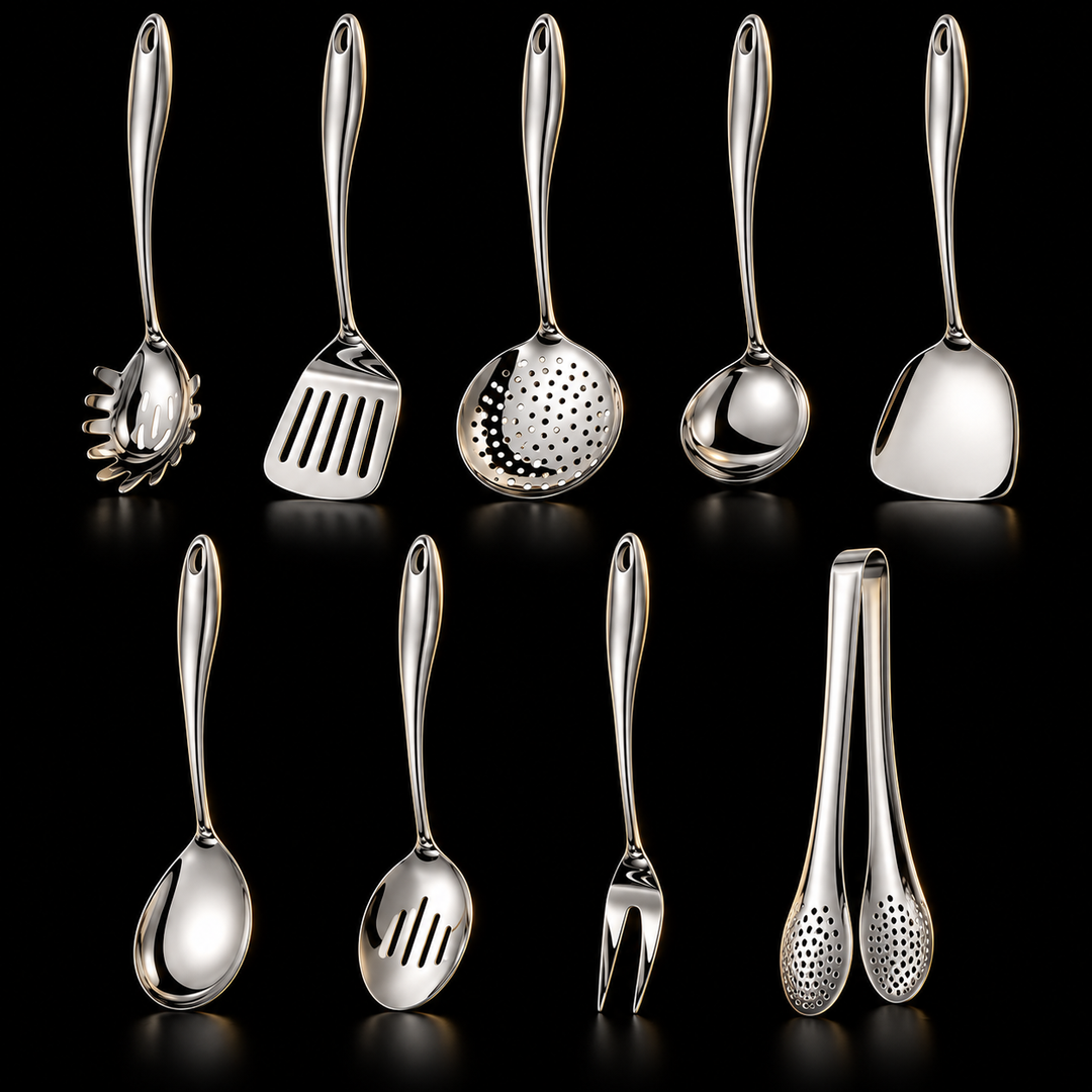 Köksredskapsset i rostfritt stål med böjda handtag, 3 till 11 delar