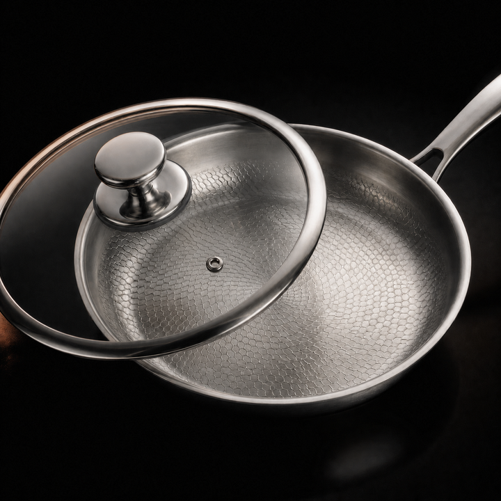Handhamrat stekpannset i titan med 2 lock, 5 storlekar (8–12 tum)