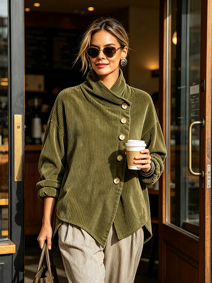Sweatshirt dam i manchester med asymmetrisk knapplist och draperad sjalkrage