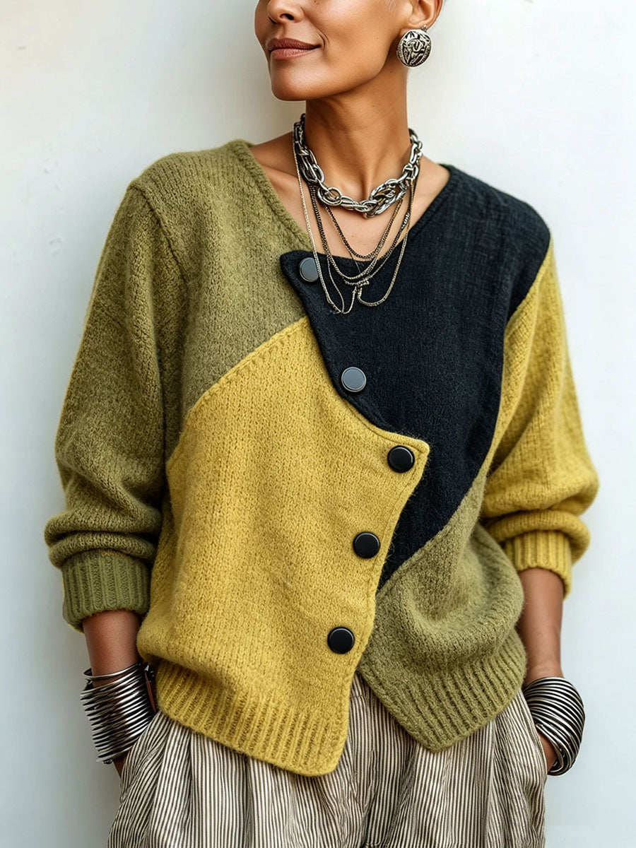Stickad tröja för dam med asymmetriska knappar i color block-look