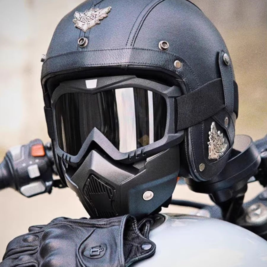 Retro vintage öppen mc-hjälm med mask och glasögon