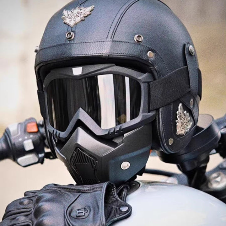 Retro vintage öppen mc-hjälm med mask och glasögon