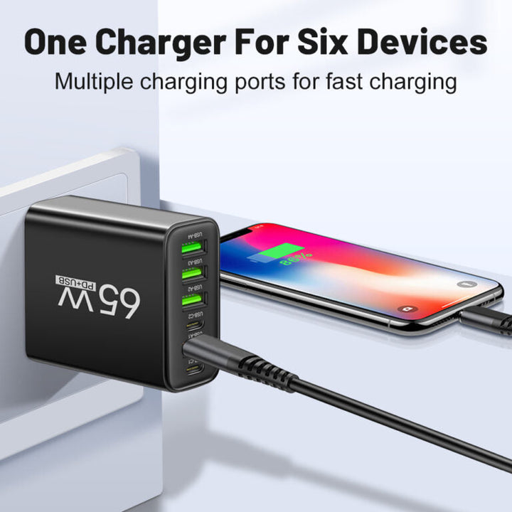 PowerMax 65W 6-i-1 snabbladdare – Laddar upp till 6 enheter samtidigt – Idealisk för hem, kontor och resor