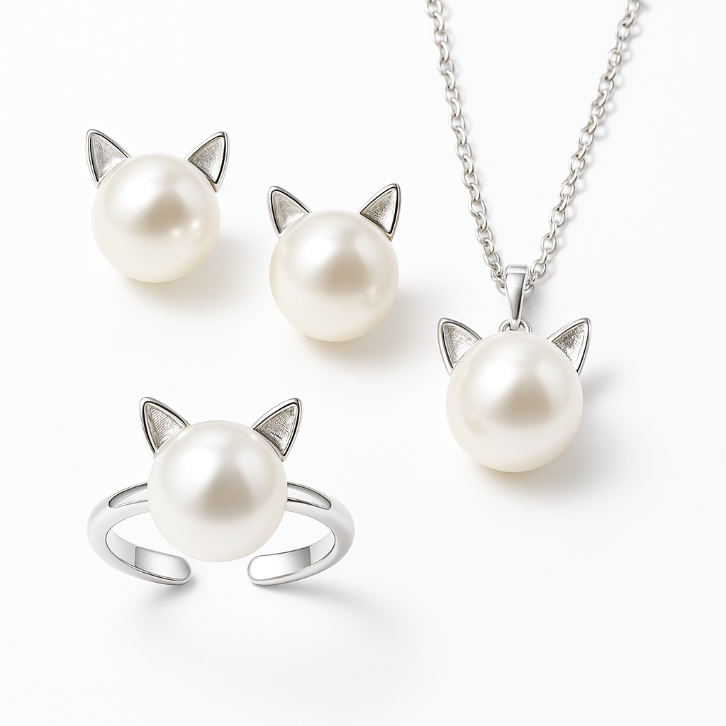 Vackert Pärl Katt Halsband med Bonusörhängen + Ring