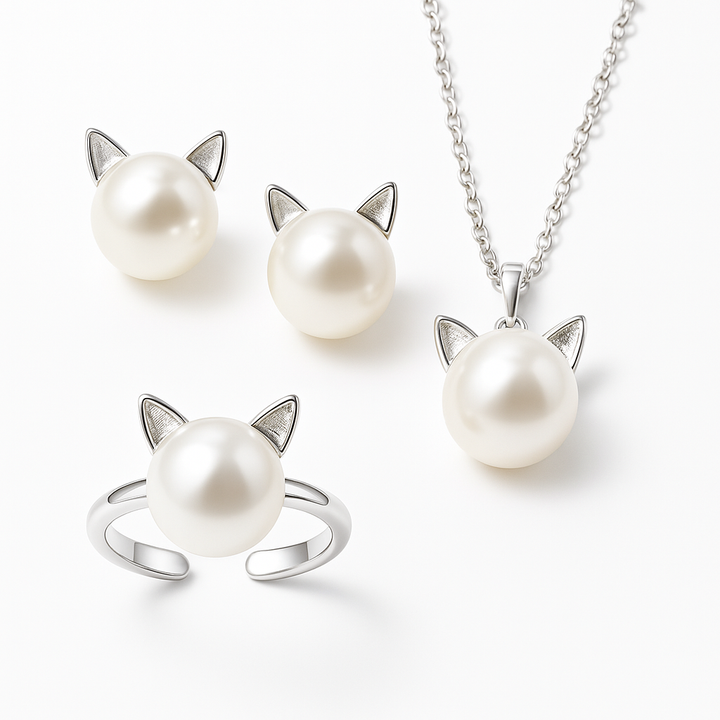 Vackert Pärl Katt Halsband med Bonusörhängen + Ring