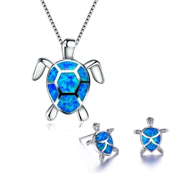 Havsvatten Sköldpadda Halsband + Örhängen Set i opal och silver