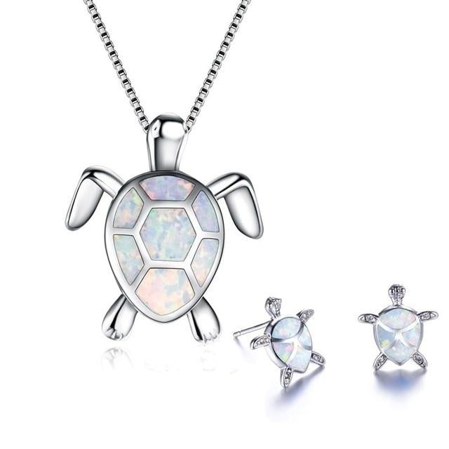 Havsvatten Sköldpadda Halsband + Örhängen Set i opal och silver