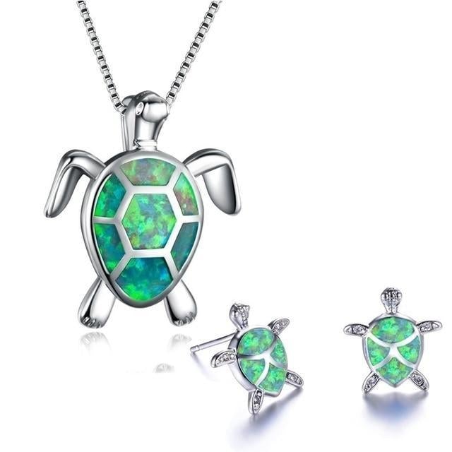 Havsvatten Sköldpadda Halsband + Örhängen Set i opal och silver