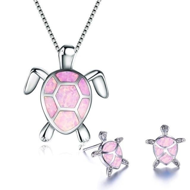 Havsvatten Sköldpadda Halsband + Örhängen Set i opal och silver