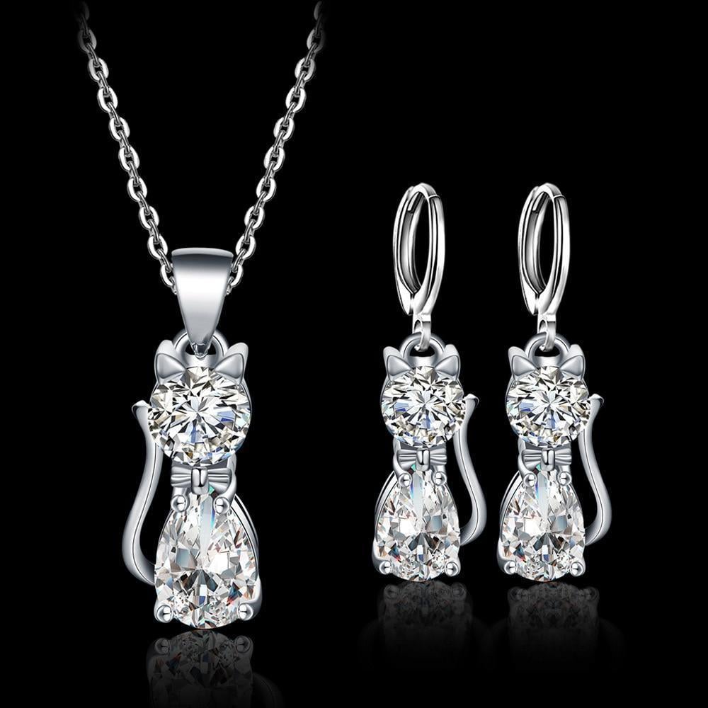 Set Halsband + Örhängen Glada Katter i sterlingsilver och polerad vit zirkonia