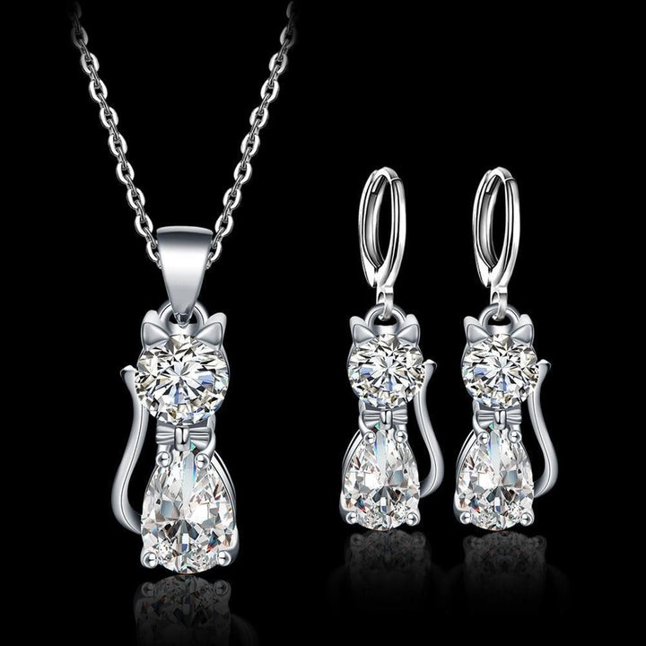 Set Halsband + Örhängen Glada Katter i sterlingsilver och polerad vit zirkonia