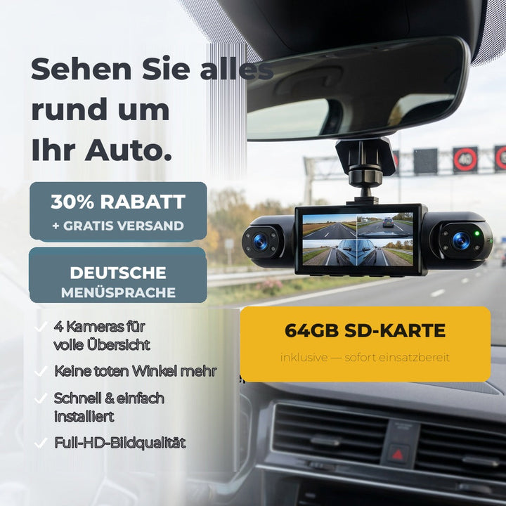 4-kanals dashcam med mörkerseende, GPS och 360°-täckning