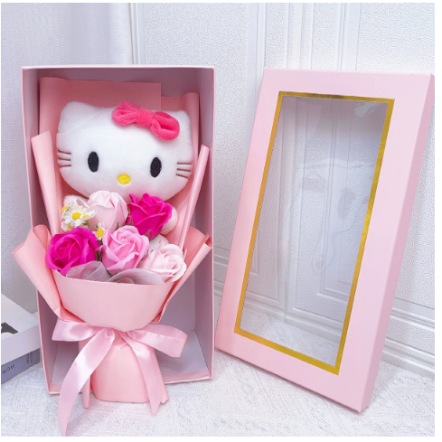 Bukett med färgglada konstgjorda blommor och Kitty-figurer för presenter och dekoration