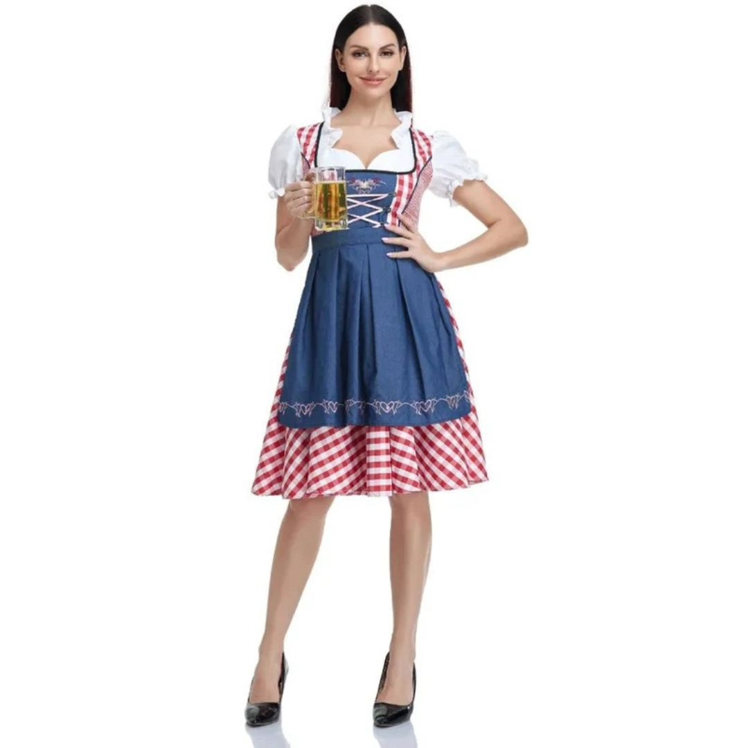 Rutig damklänning med snörlivstycke och förkläde, Oktoberfest midi
