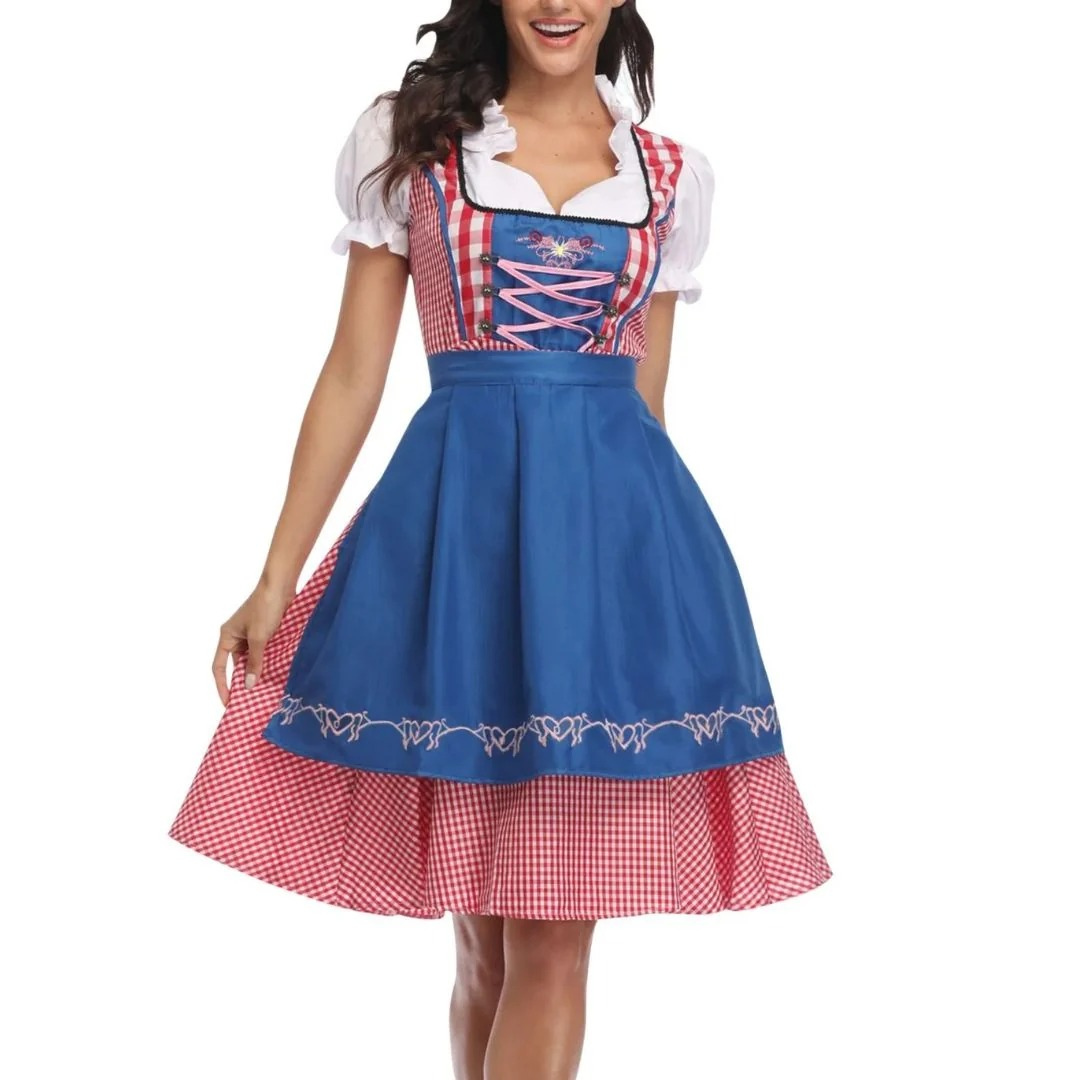 Rutig damklänning med snörlivstycke och förkläde, Oktoberfest midi