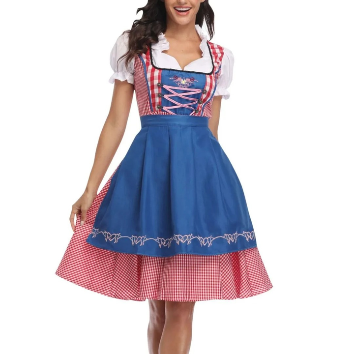 Rutig damklänning med snörlivstycke och förkläde, Oktoberfest midi