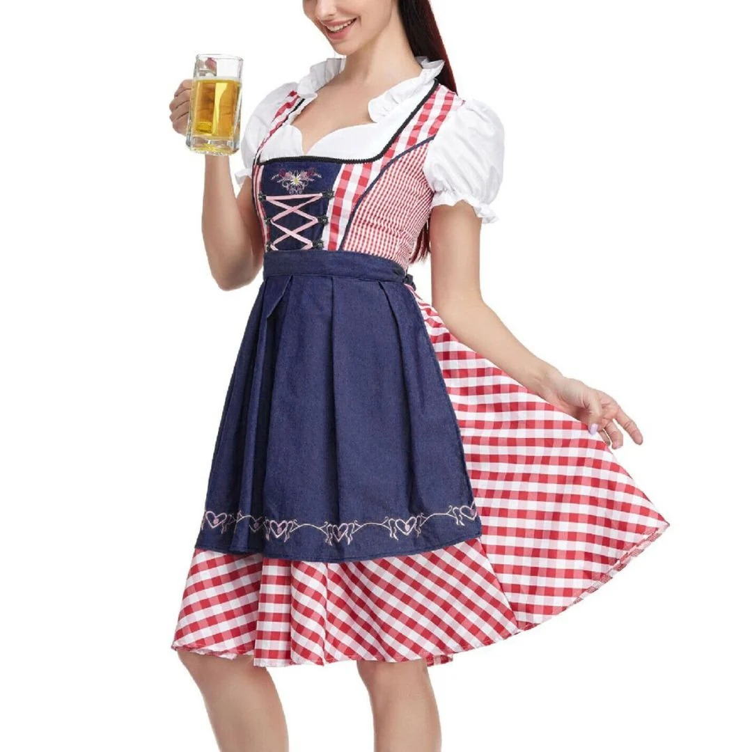 Rutig damklänning med snörlivstycke och förkläde, Oktoberfest midi