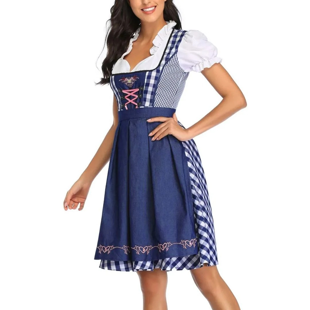 Rutig damklänning med snörlivstycke och förkläde, Oktoberfest midi