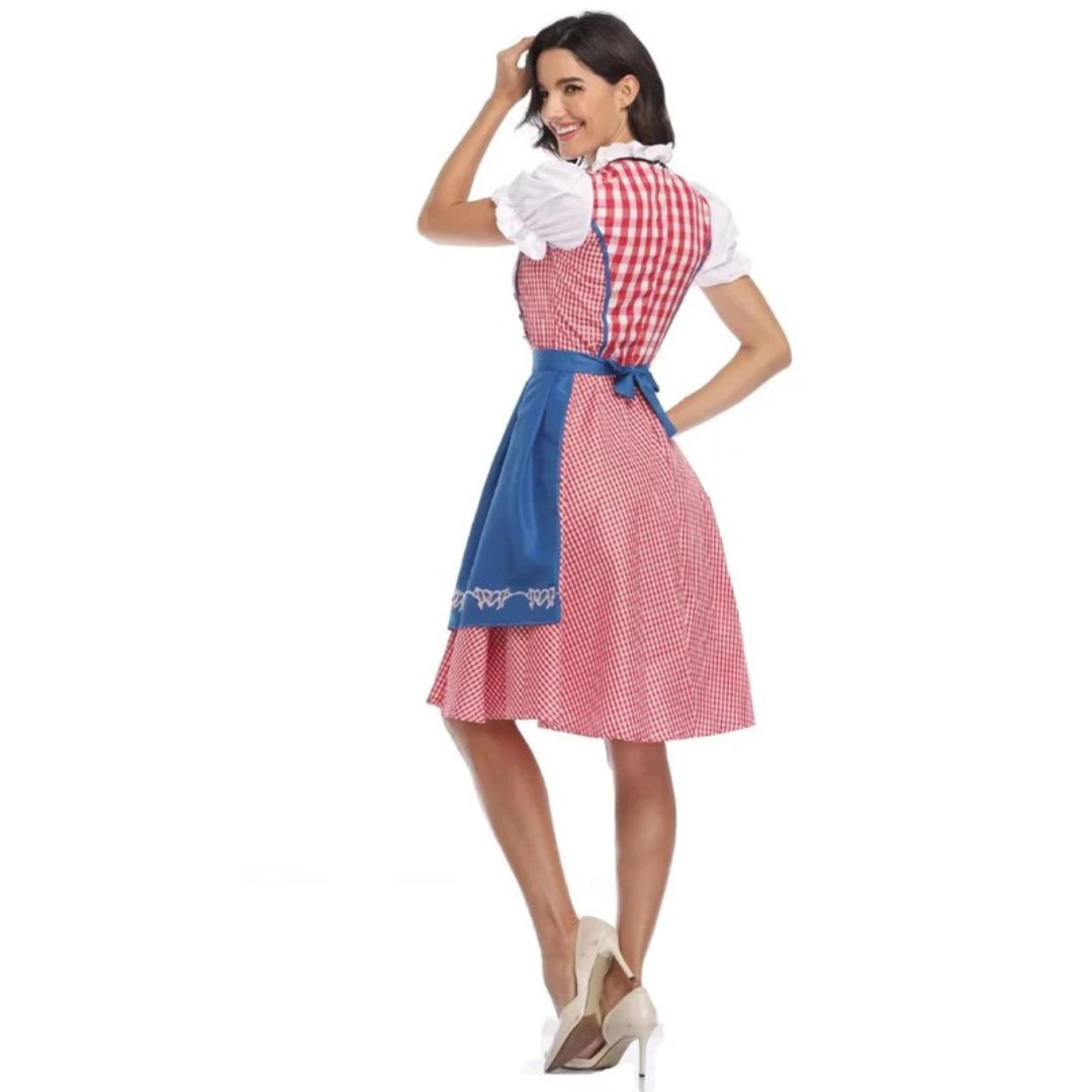 Rutig damklänning med snörlivstycke och förkläde, Oktoberfest midi