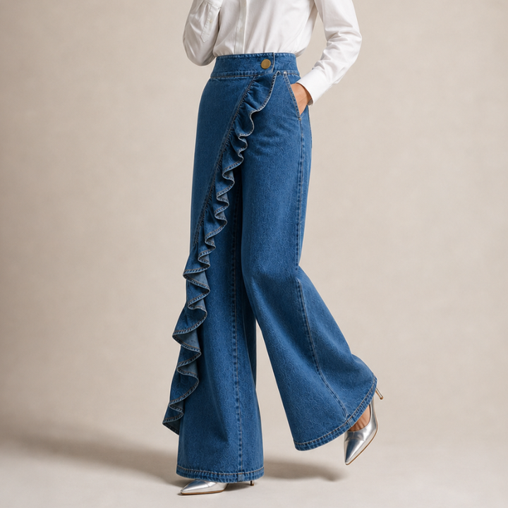 Vida jeansbyxor för dam med asymmetrisk volang i culotte-stil.