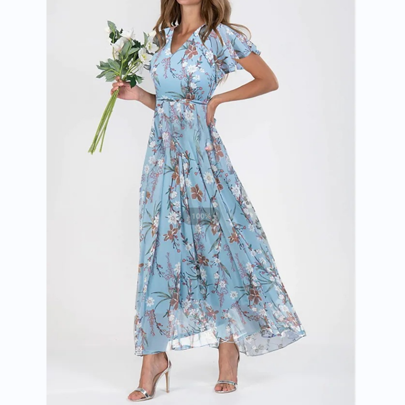 Maxikjole med sommerfugleærmer og blomsterprint