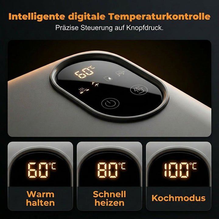 Sladdlös, självuppvärmande elektrisk lunchlåda med insats i rostfritt stål.