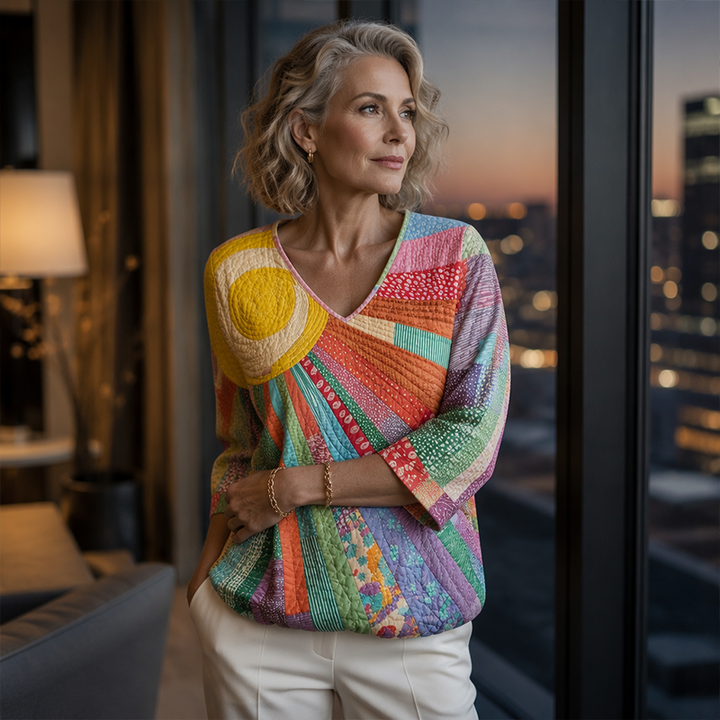 Retro-patchworkblus för dam med v-ringning