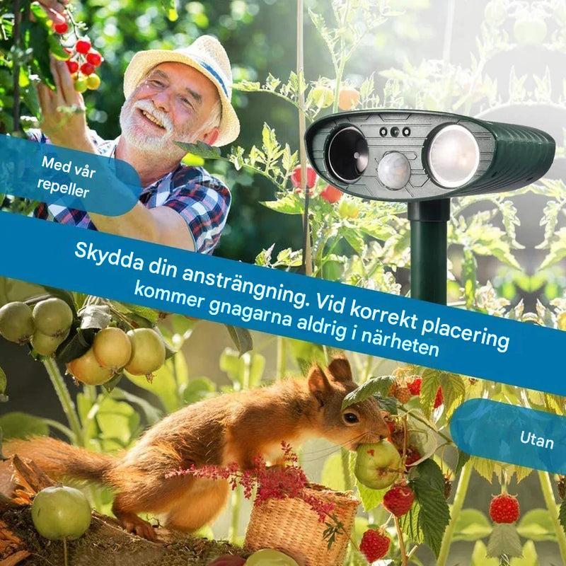 Ultraääni- ja aurinkokennokäyttöinen maapähkinäoravien karkotin