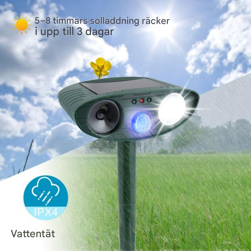 Rörelseaktiverad solcellsdriven ultraljudsdjursavskräckare
